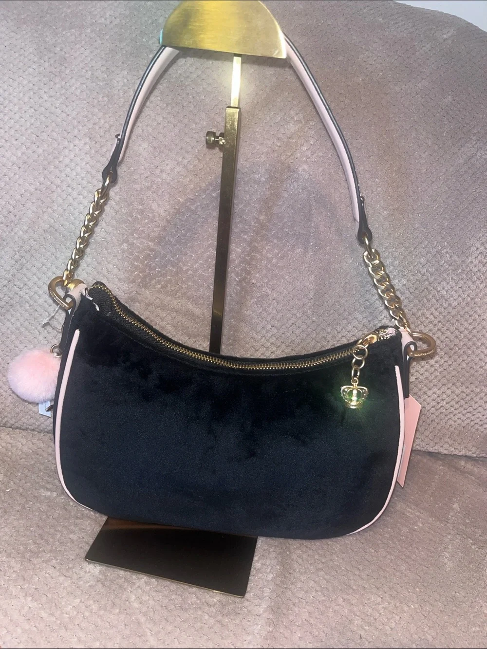 Juicy Couture Black Velvet Shoulder Bag with Pink Trim and Gold Chain